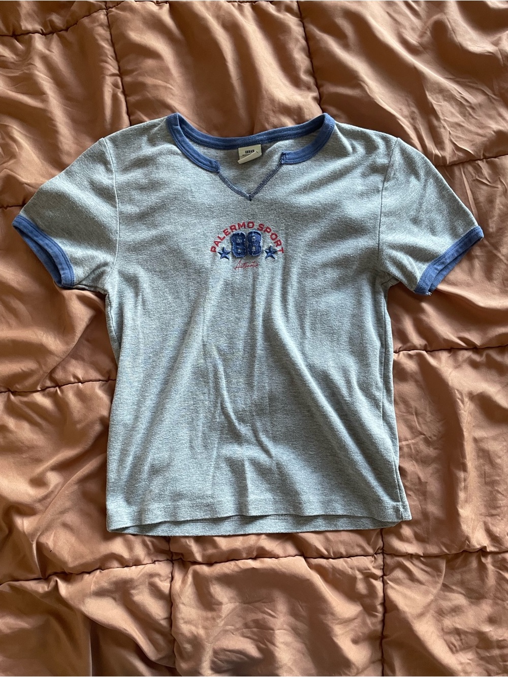Urban Outfitters Heather Gray Tee with Blue Trim and Graphic